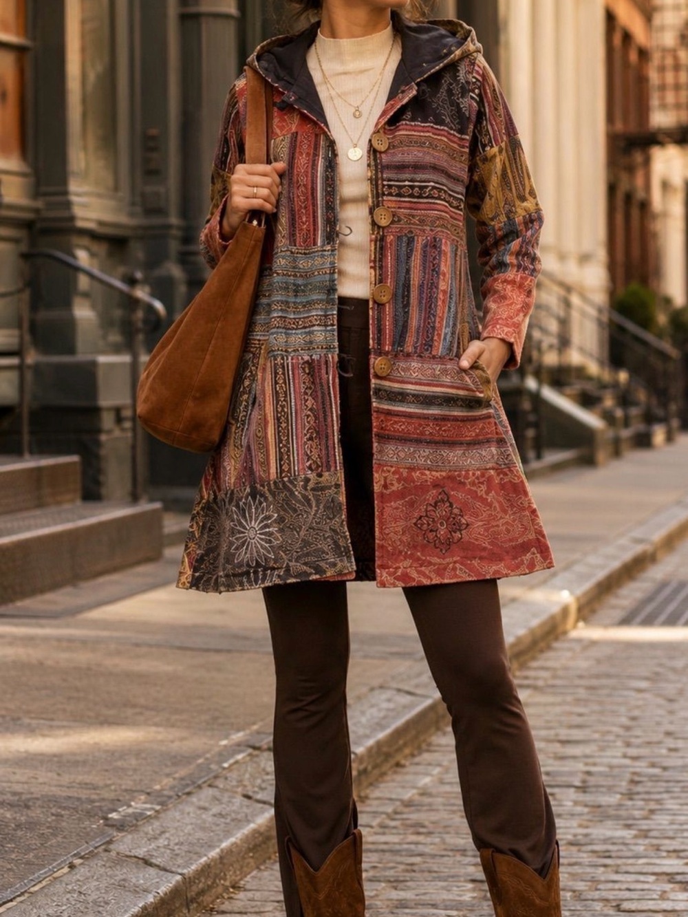888. Boho Patchwork Hooded Coat - Rust Multi - Picture 2 of 2